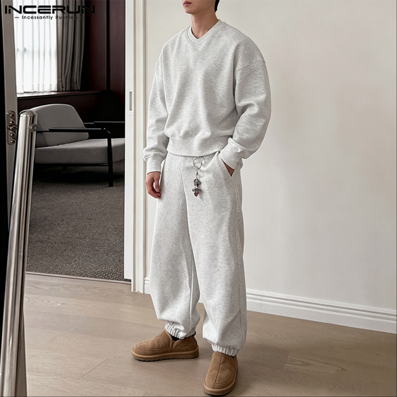 Streetwear Hoodie - INCERUN Men's Sets Solid Color Loose